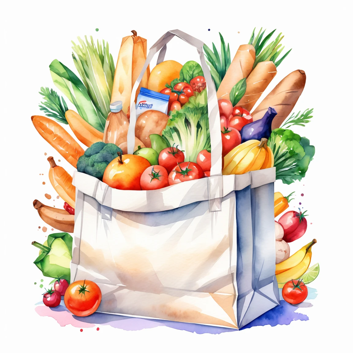 ((best quality)), ((masterpiece)), (detailed), loose watercolor, minimalist, create a picture of a cartoon grocery bag full of many kind healthy food, against plain brilliant white background, isolated, fresh, tasty, delicious, vibrant color. the grocery bag is sit on a white brilliant surface, detailed,