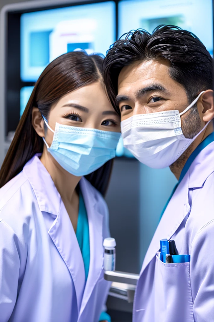 Male dentist and female dental hygienist　２people　A good business partner　日本people系　Wearing a lab coat　Wearing medical scrubs　Upper body close-up　high resolution　high resolution　Highest quality　日本people　Harmony々　Masks not worn