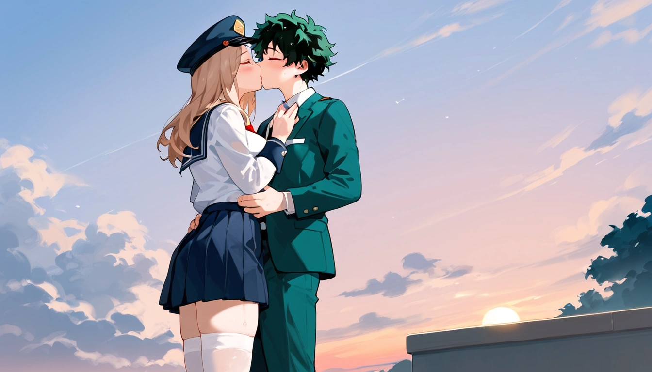 anime artwork, score_9, score_8_up, score_7_up, score_6_up, score_5_up, score_4_up, r,Camie Utsushimi, light brown hair, dark brown eyes,, breasts, , big breasts,  (school uniform:1.2), standing, cap, she is 24 years old,   wet whirt, ,horny, , , white stockings,  style_3, 1boy, Izuku Midoriya,  kissing,  outdoors, ,  blush, wet, dark atmoshpere,  closed eyes,  evening, , his hands on her hips, sky, clouds, sunset