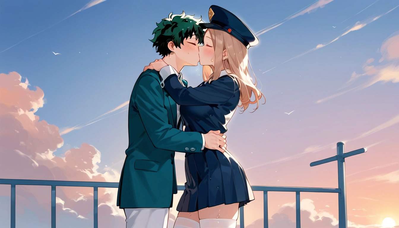 anime artwork, score_9, score_8_up, score_7_up, score_6_up, score_5_up, score_4_up, r,Camie Utsushimi, light brown hair, dark brown eyes,, breasts, , big breasts,  (school uniform:1.2), standing, cap, she is 24 years old,   wet whirt, ,horny, , , white stockings,  style_3, 1boy, Izuku Midoriya,  kissing,  outdoors, ,  blush, wet, dark atmoshpere,  closed eyes,  evening, , his hands on her hips, sky, clouds, sunset