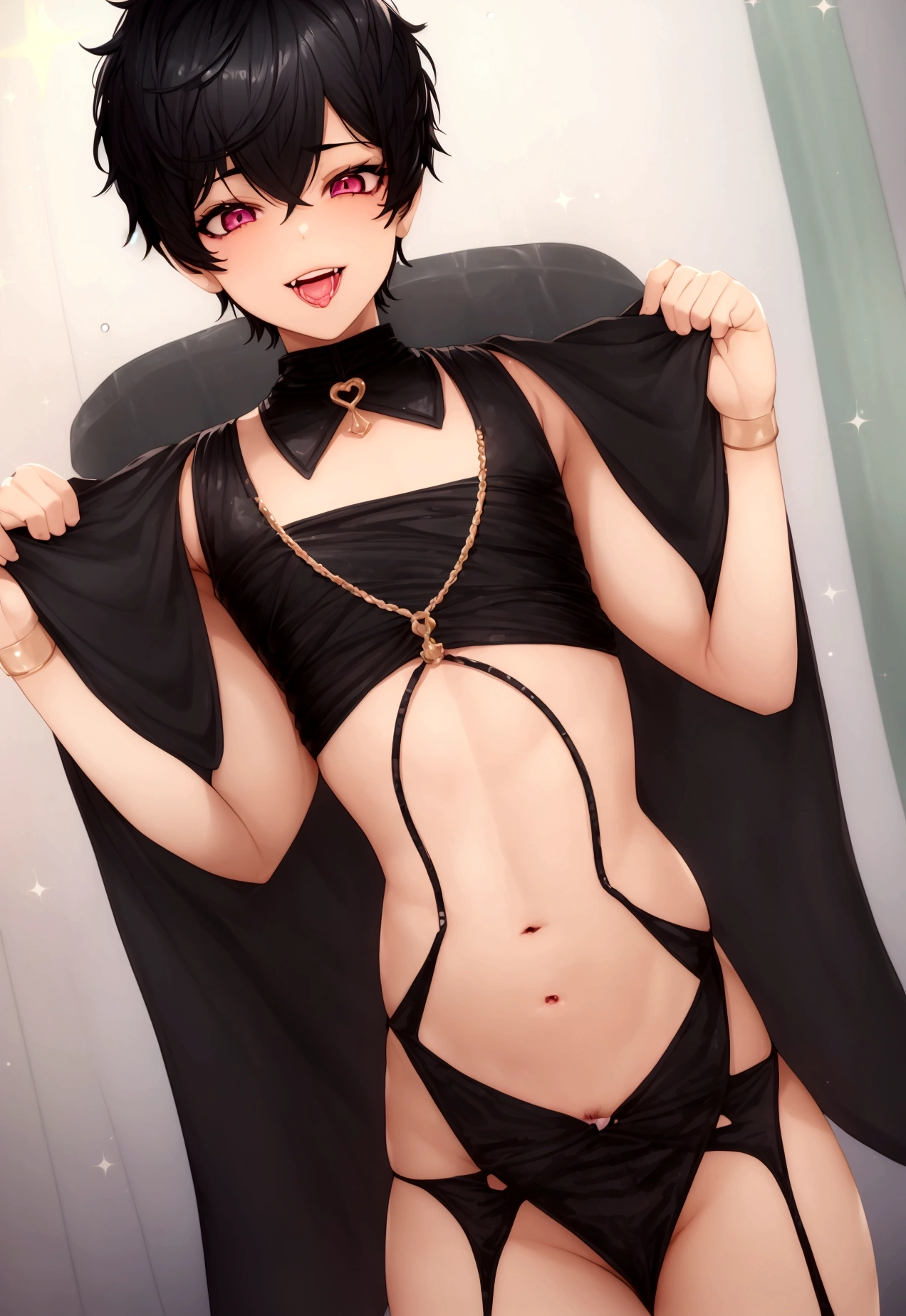 1 light skinned solo femboy boy, extremely short black hair and some pubic hair, completely naked and excited looking towards the camera with a face of lust. Good view of the genitals.
