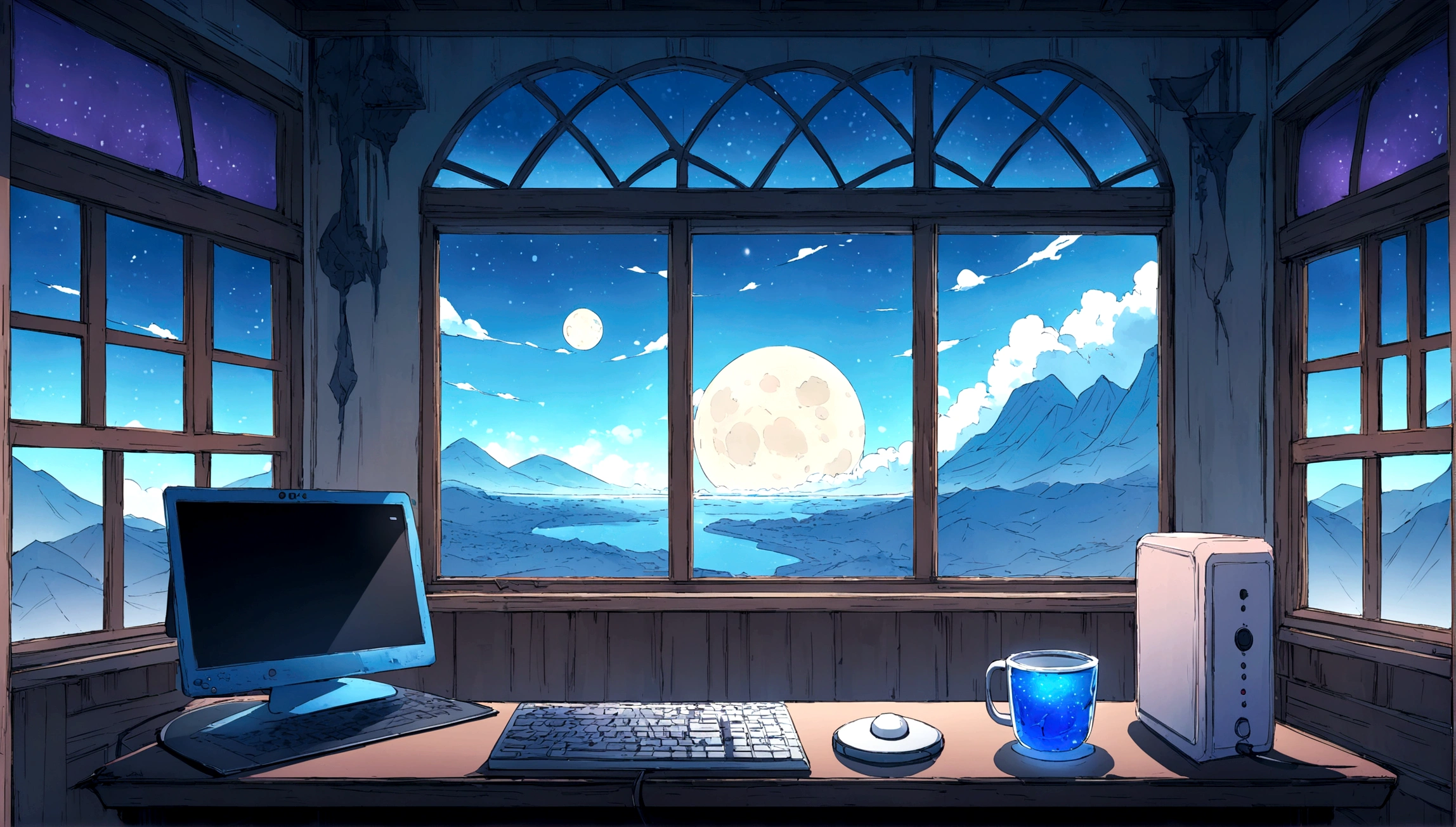 on the desk、No people、Tablet、liquid crystal、moon、PC Monitor、liquid crystalTablet、smartphone、wall、Dark atmosphere、Blue Neon、Blue Star、keyboard、Vocal Microphone、Headphones、Large windows、landscape、窓の前のon the deskの白い花とラップトップ、Digital painting inspired by Gyokudō Uragami、pixiv Contest Winner、magical realism、Magical Lab Background、Magic Background、Background Art、Personal room background、Random background scenes、アニメのBackground Art、Cozy cafe background、Fairytale style background、Background Artワーク、Mobile game background