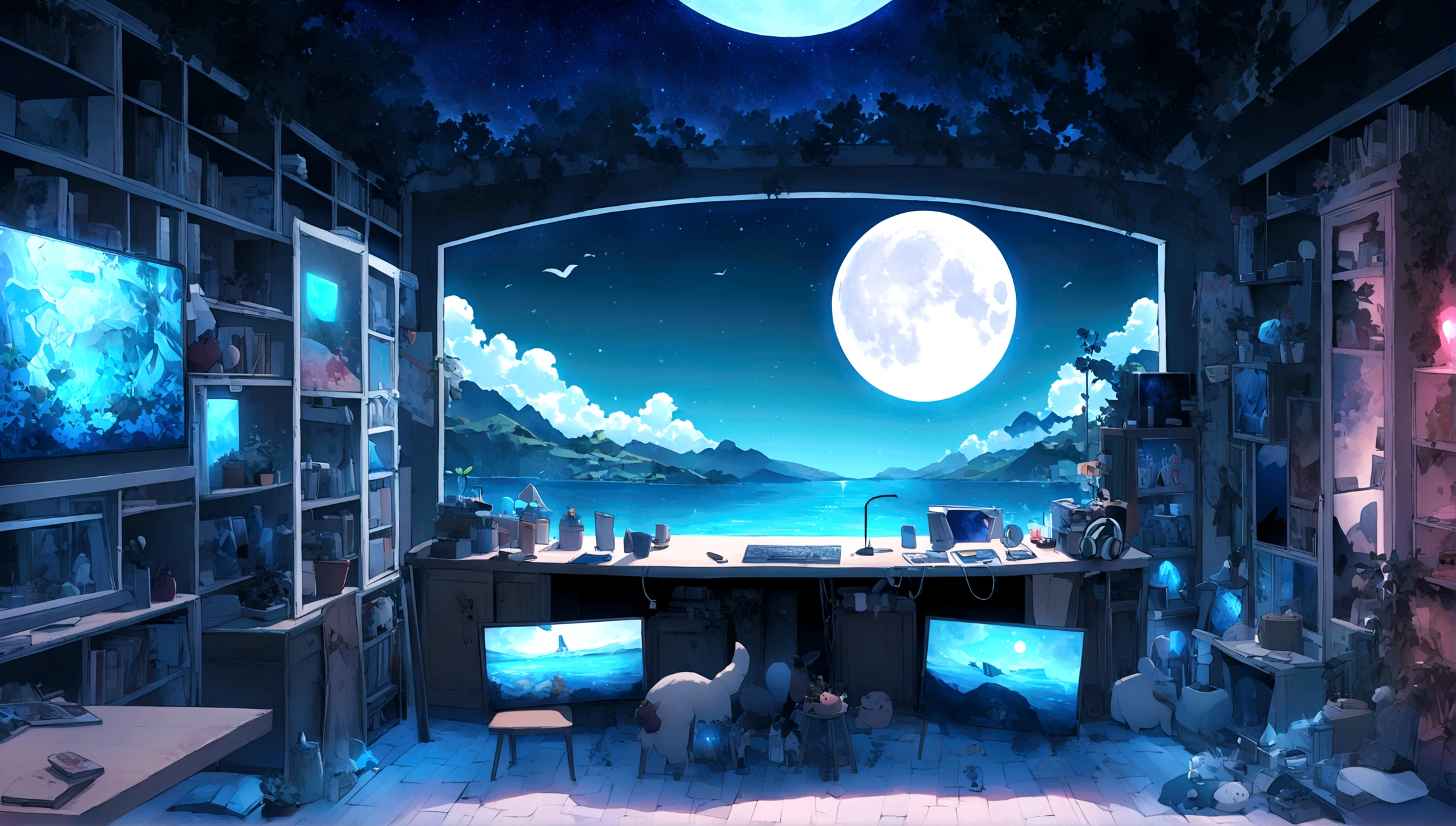 on the desk、No people、Tablet、liquid crystal、moon、PC Monitor、liquid crystalTablet、smartphone、wall、Dark atmosphere、Blue Neon、Blue Star、keyboard、Vocal Microphone、Headphones、Large windows、landscape、窓の前のon the deskの白い花とラップトップ、Digital painting inspired by Gyokudō Uragami、pixiv Contest Winner、magical realism、Magical Lab Background、Magic Background、Background Art、Personal room background、Random background scenes、アニメのBackground Art、Cozy cafe background、Fairytale style background、Background Artワーク、Mobile game background