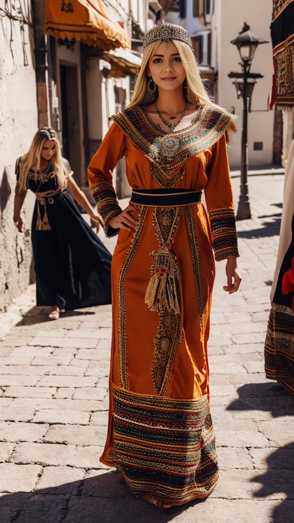 beautifull hot german blonde, robe kabyle, berber, amazigh dress, kabyledress, tizi ouzou, berber outfil, kabylegirl, bijoux, street background, full body, realistic, blackrobe