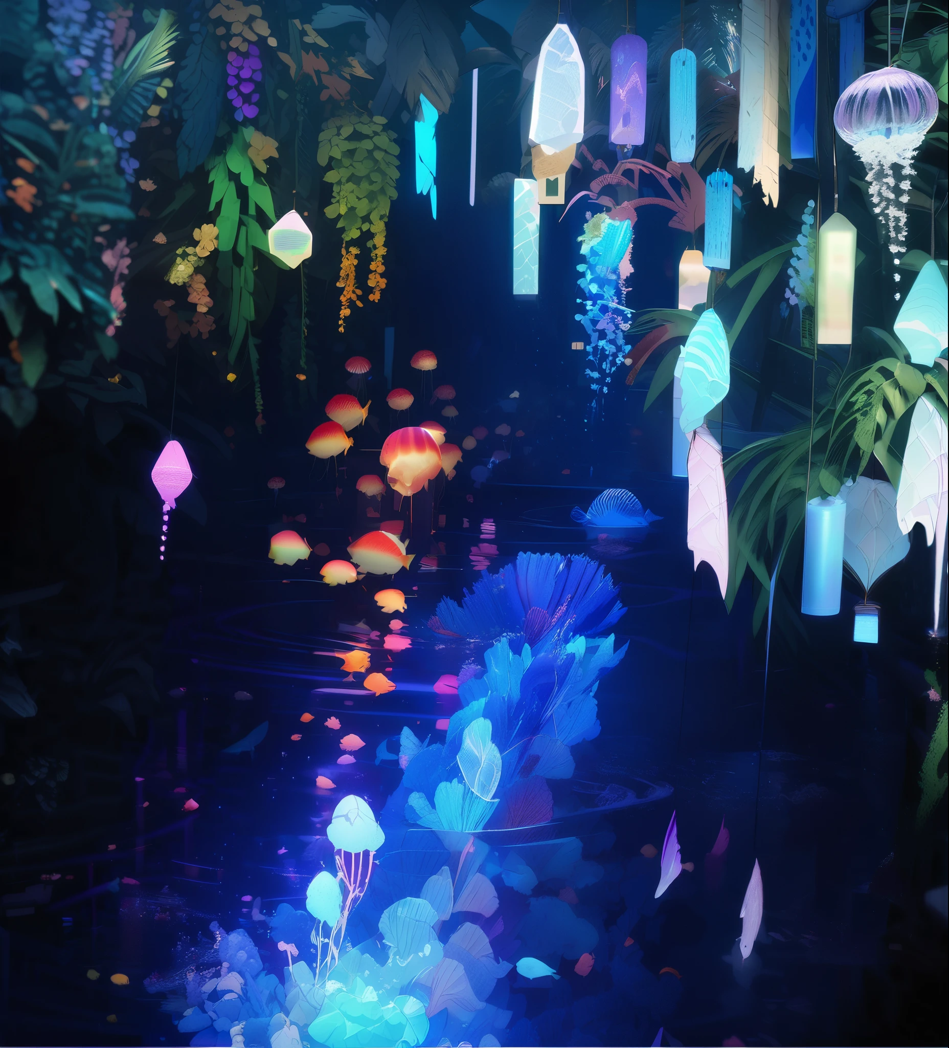 Luminescent objects, beautiful, Very detailed, "Patchwork embroidery": UV black light line art painting of a beautiful translucent jellyfish on the ocean floor, sea fish, Colorful corals, From WETA FX and Industrial Light & Magic, Inspired by Yayoi Kusama、Exquisite and detailed RTX-enhanced CGI rendering, pastel, Intricate details, High resolution, Beautifully photographed, Surreal, Sharp focus, Megapixels, Perfect composition, High Contrast, Cinematic, Atmospheric, Sulky