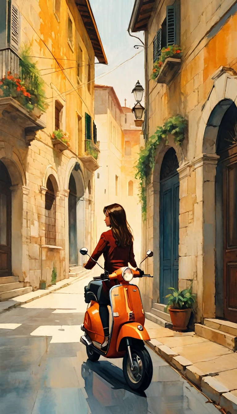 street of a classic Italian stone town: 1.5, sunrise, great detail of buildings, towers, 1girl, pretty 1girl on 1scooter in the scene (art inspired by Bill Sienkiewicz). oil painting)