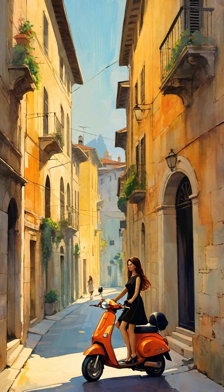 street of a classic Italian stone town: 1.5, sunrise, great detail of buildings, towers, 1girl, pretty 1girl on 1scooter in the scene (art inspired by Bill Sienkiewicz). oil painting)
