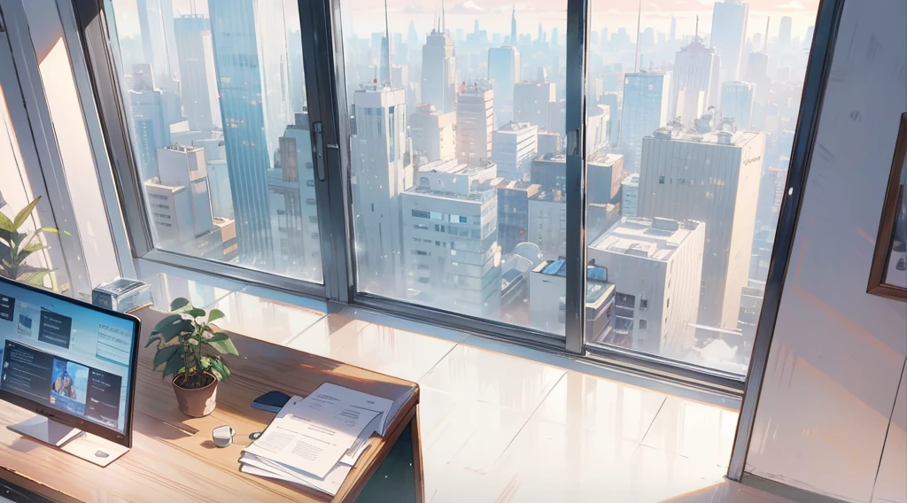 (best quality,masterpiece:1.2,detailed details,4k), office, president's office, floor-to-ceiling windows, potted plants, computers and documents on the desk, top-down view scene,