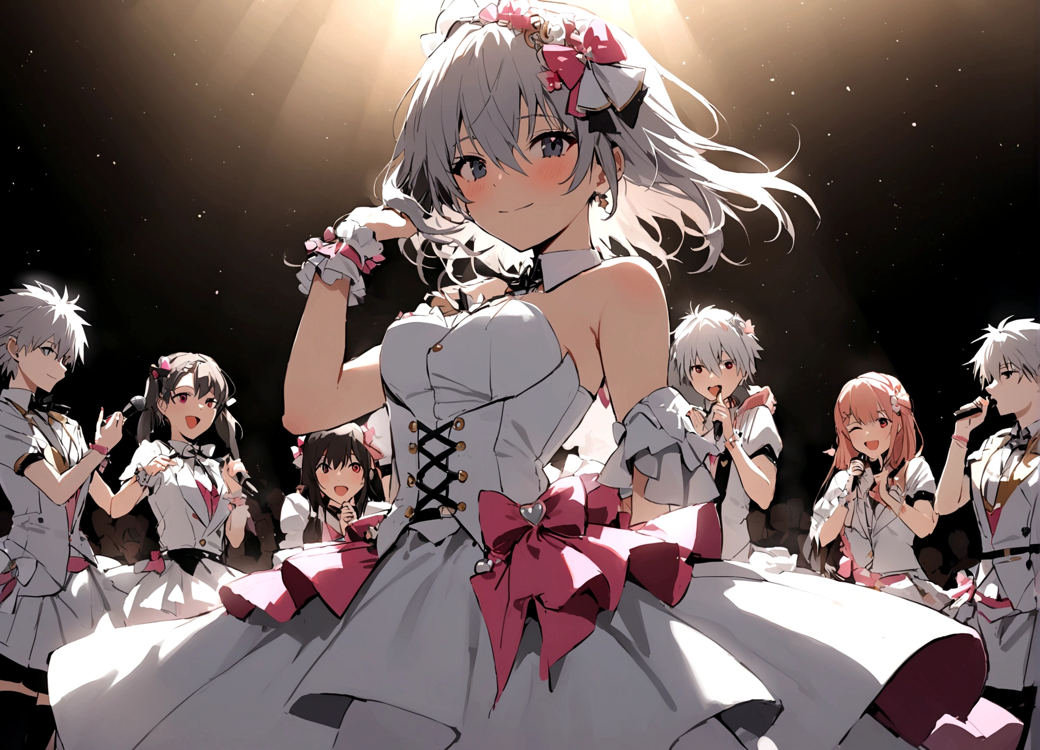 masterpiece, best quality, extremely detailed, evangelion kaworu nagisa, kaworu nagisa, genderbend, girl, seductive, hot, cute, idol, cheerful face, strong shining aura, cute idol clothes, alot of accessories, cute hair accessories, idol group member, (center, in middle, spotlight only kaworu), on stage, the prettiest member, multiple people, (focusing on kaworu, center)