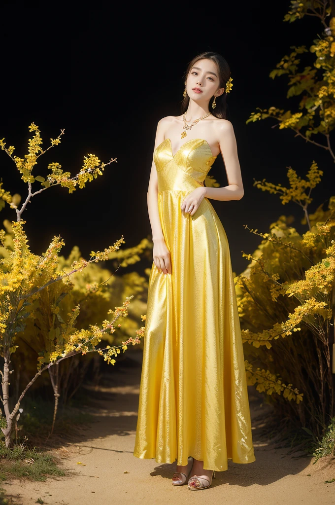 (((best quality))),(((ultra detailed))),(((masterpiece))),illustration, a stunning young girl amidst a sea of yellow roses, yellow rose petal dress,slim,thin, fair skin,shoulder length straight chestnut hair,earrings,necklace,intricate patterns, embellishments, ethereal charm, sparkling eyes, gentle smile,flat chest,small breasts, innocence and grace, yellow roses background, full bloom, fragrance of roses, enchanting presence,admiration, beauty and nature blend, striking appearance, vibrant yellow color, harmonious equilibrium,lasting impression,((standing,arms behind back)),((full body,from front)),night scene,slender legs,high heels