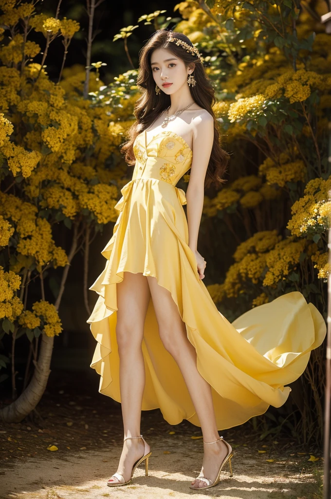 (((best quality))),(((ultra detailed))),(((masterpiece))),illustration, a stunning young girl amidst a sea of yellow roses, yellow rose petal dress,slim,thin, fair skin,shoulder length straight chestnut hair,earrings,necklace,intricate patterns, embellishments, ethereal charm, sparkling eyes, gentle smile,flat chest,small breasts, innocence and grace, yellow roses background, full bloom, fragrance of roses, enchanting presence,admiration, beauty and nature blend, striking appearance, vibrant yellow color, harmonious equilibrium,lasting impression,((standing,arms behind back)),((full body,from front)),night scene,slender legs,high heels