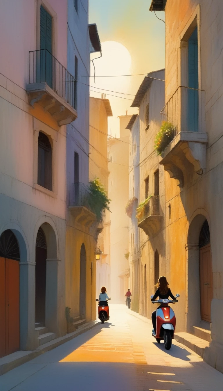 street of a classic Italian stone town: 1.5, sunrise, great detail of buildings, towers, 1girl, pretty 1girl on 1scooter in the scene (art inspired by Bill Sienkiewicz). oil painting)