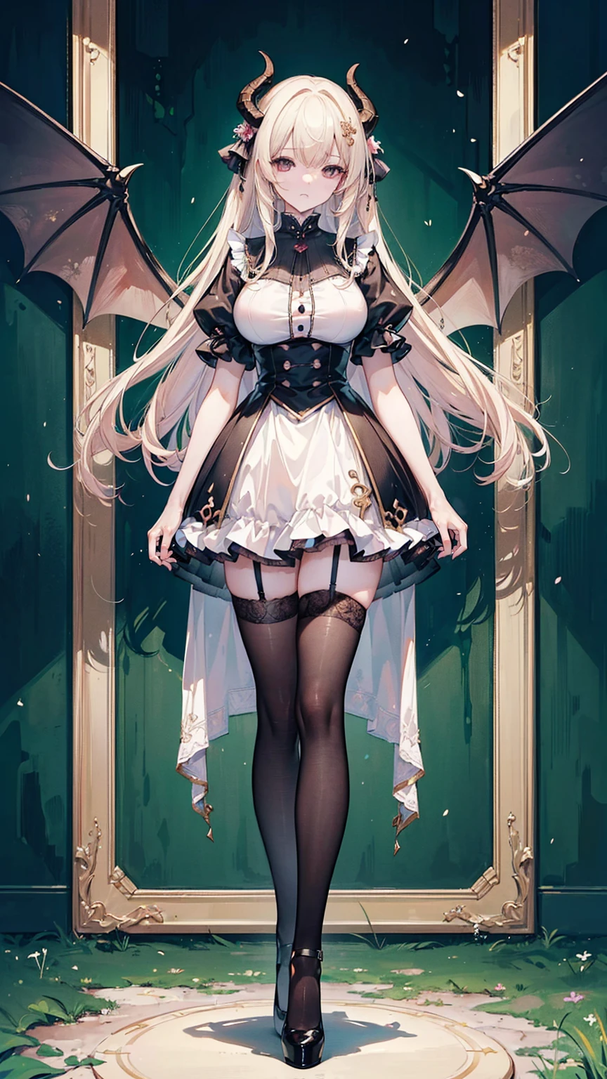 (masterpiece, top quality, best quality, official art, beautiful and aesthetic:1.3), (8k, best quality, masterpiece:1.2),(full body:1.3) (large breasts:1.2), long hair, black thighhighs, high heel, (microskirt:1.1), garter belt, dragon's horn,dragon's wing,
