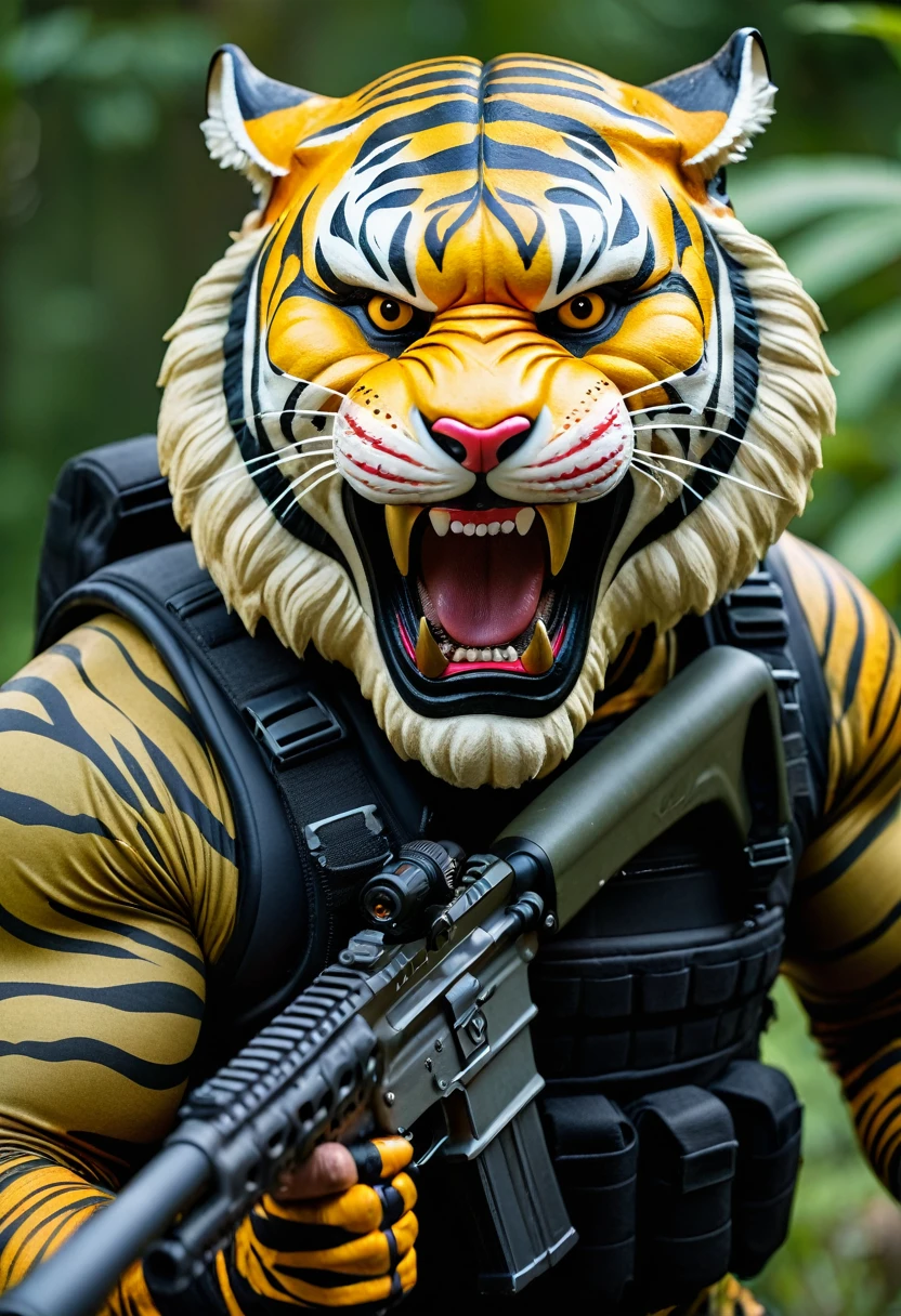 (a dark-skinned fat muscular old man in a bulky camouflage zipper diver suit) shooting with a rifle and (wearing realistic roaring siberian tiger mask), muscular, Basuki Abdullah, sumatraism, action, a character portrait, heroic, fierce, snarling