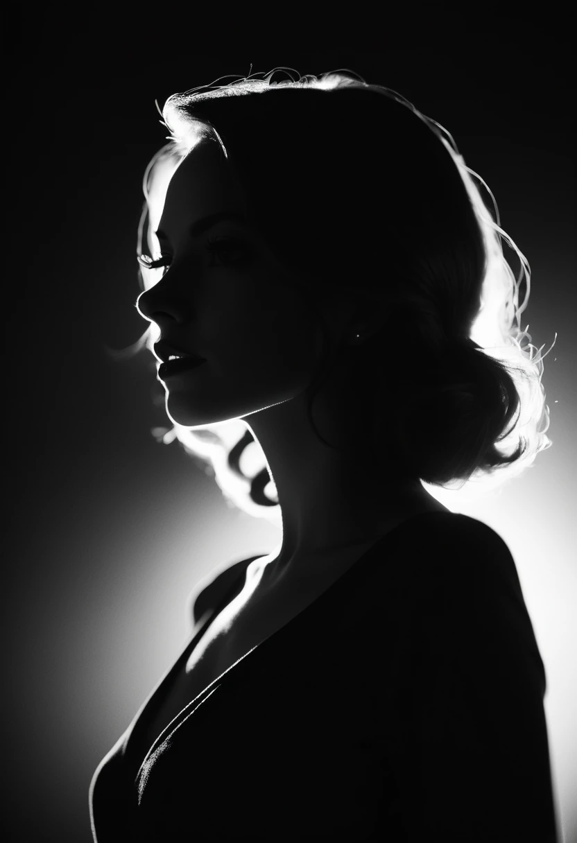 black and white, Candid silhouette of a woman, half body shot, whimsical photography style, captured with an Arriflex 35BL camera using Canon K25 prime lenses, cinematic, dramatic lighting, ultra clear, breathtaking surreal masterpiece.
