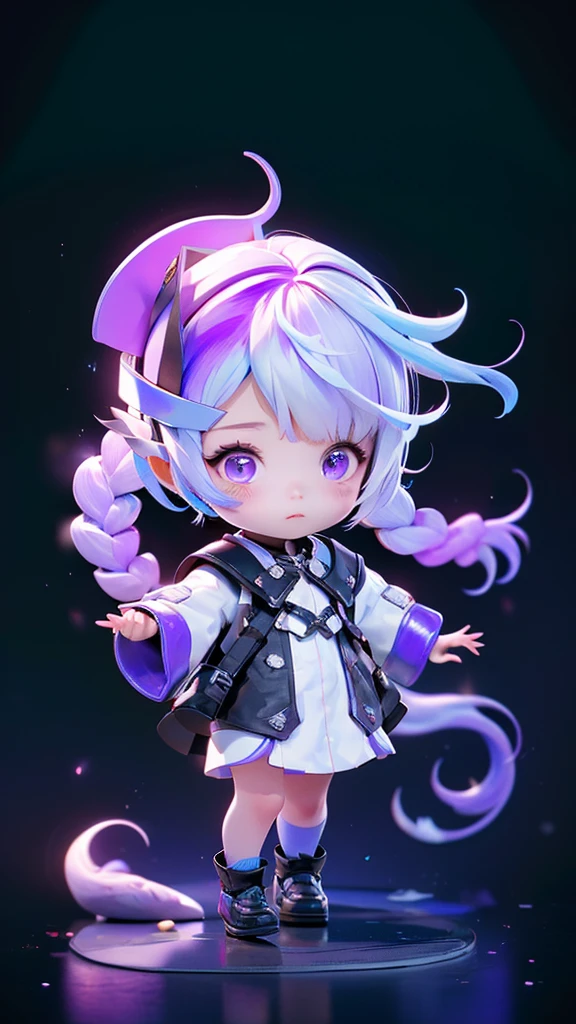 highest quality、Masterpiece、Official Art、The best composition、Super detailed、3D figures of a chibi couple、Girl has purple eyes、White and purple gradient hair color with two braids、黒のCyberpunk clothing、The boy has short white and blue hair.、Gojo Satoru、Cyberpunk clothing、