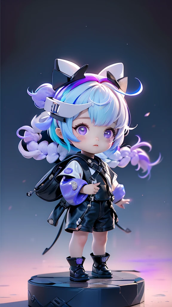 highest quality、Masterpiece、Official Art、The best composition、Super detailed、3D figures of a chibi couple、Girl has purple eyes、White and purple gradient hair color with two braids、黒のCyberpunk clothing、The boy has short white and blue hair.、Gojo Satoru、Cyberpunk clothing、