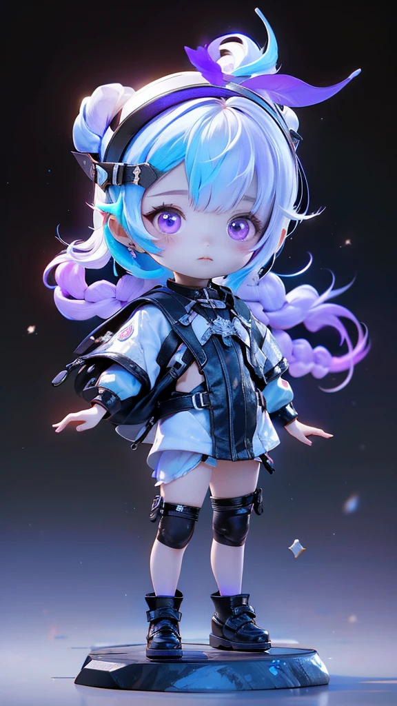 highest quality、Masterpiece、Official Art、The best composition、Super detailed、3D figures of a chibi couple、Girl has purple eyes、White and purple gradient hair color with two braids、黒のCyberpunk clothing、The boy has short white and blue hair.、Gojo Satoru、Cyberpunk clothing、