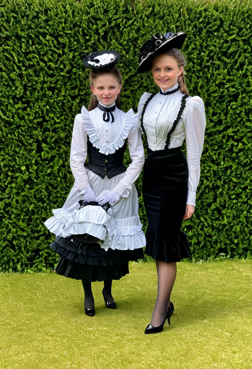 a two ten and hers high mum in Victorian outfit with flounce and high heels