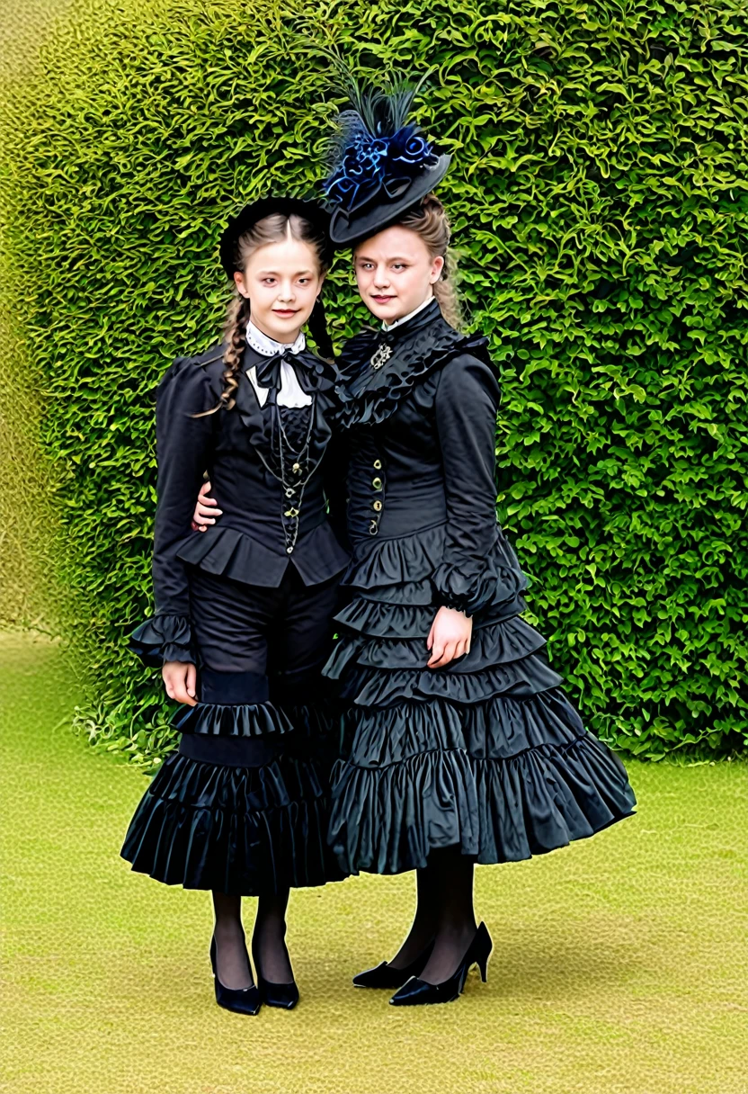a two ten and hers high mum in Victorian outfit with flounce and high heels