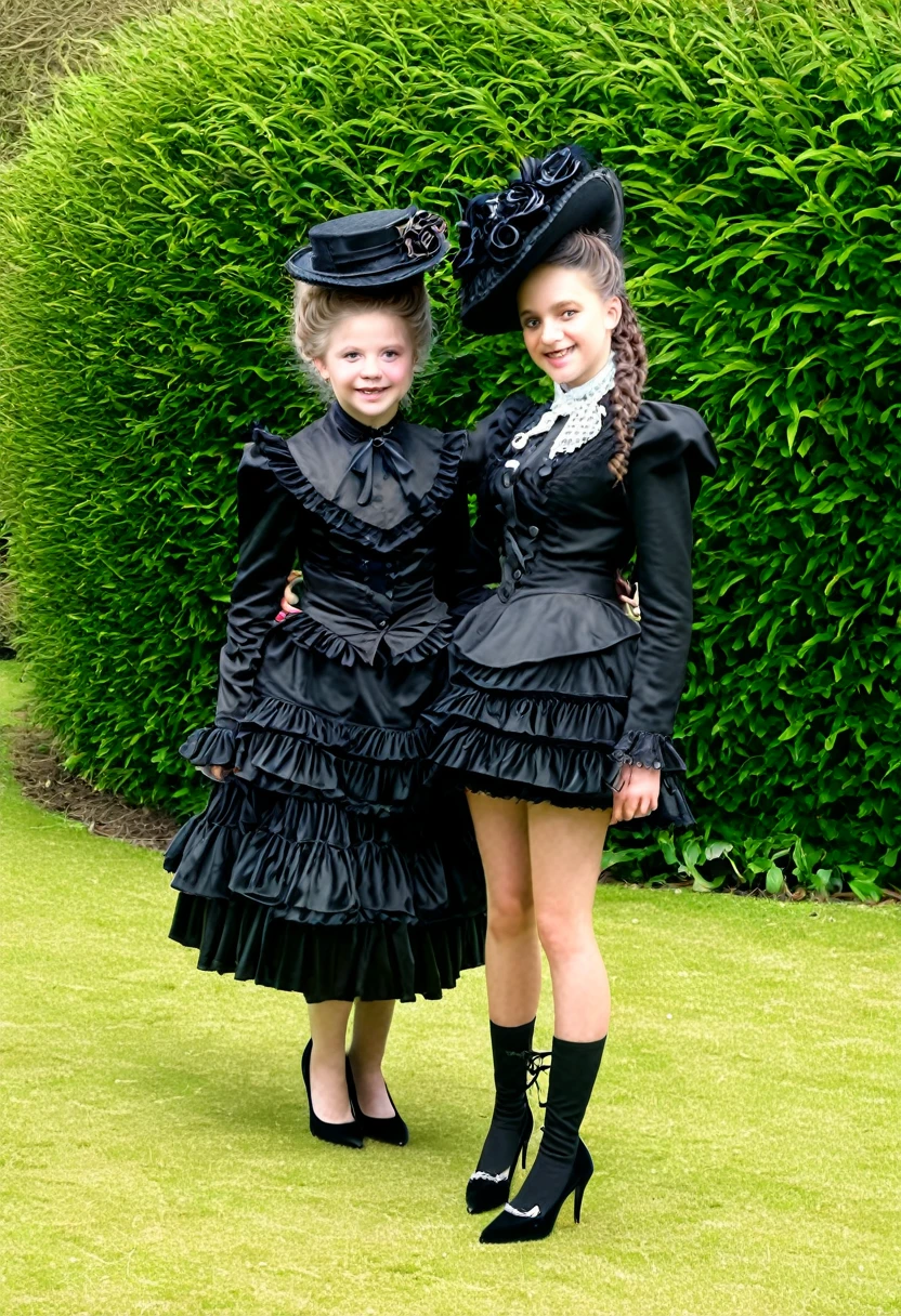 a two t**en and hers high mum in Victorian outfit with flounce and high heels