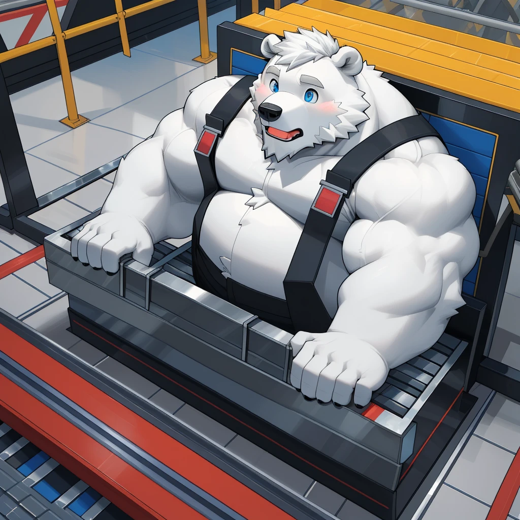 masterpiece, best quality, 8k resolution, Very detailed, hairy，(((polar bear))，(((Mature)))，(((beard))),(((fat)))，(((White hair all over body)))，(((portrait)))，(((White hair)))，(((Toy factory)))，For the audience，(((Worker clothing))),(((assembly line)))，(((surprised)))，Highest quality scene，(((whole body)))，((( Blue Eyes))),(((Work while sitting)))，(((Fat-enclosed muscle)))，(((Round face)))，(((alone)))，(((Strong body)))，(((conveyor belt)))，(((toy model)))