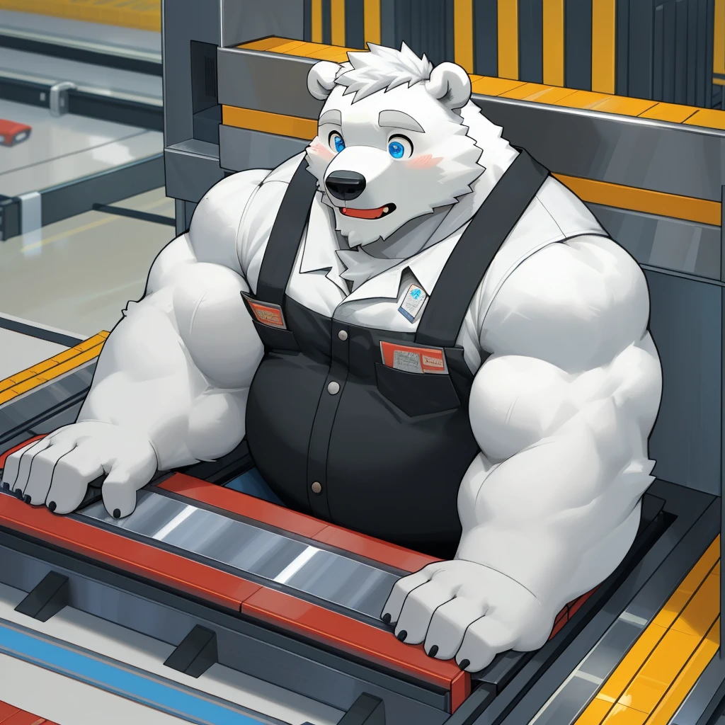 masterpiece, best quality, 8k resolution, Very detailed, hairy，(((polar bear))，(((Mature)))，(((beard))),(((fat)))，(((White hair all over body)))，(((portrait)))，(((White hair)))，(((Toy factory)))，For the audience，(((Worker clothing))),(((assembly line)))，(((surprised)))，Highest quality scene，(((whole body)))，((( Blue Eyes))),(((Work while sitting)))，(((Fat-enclosed muscle)))，(((Round face)))，(((alone)))，(((Strong body)))，(((conveyor belt)))，(((toy model)))