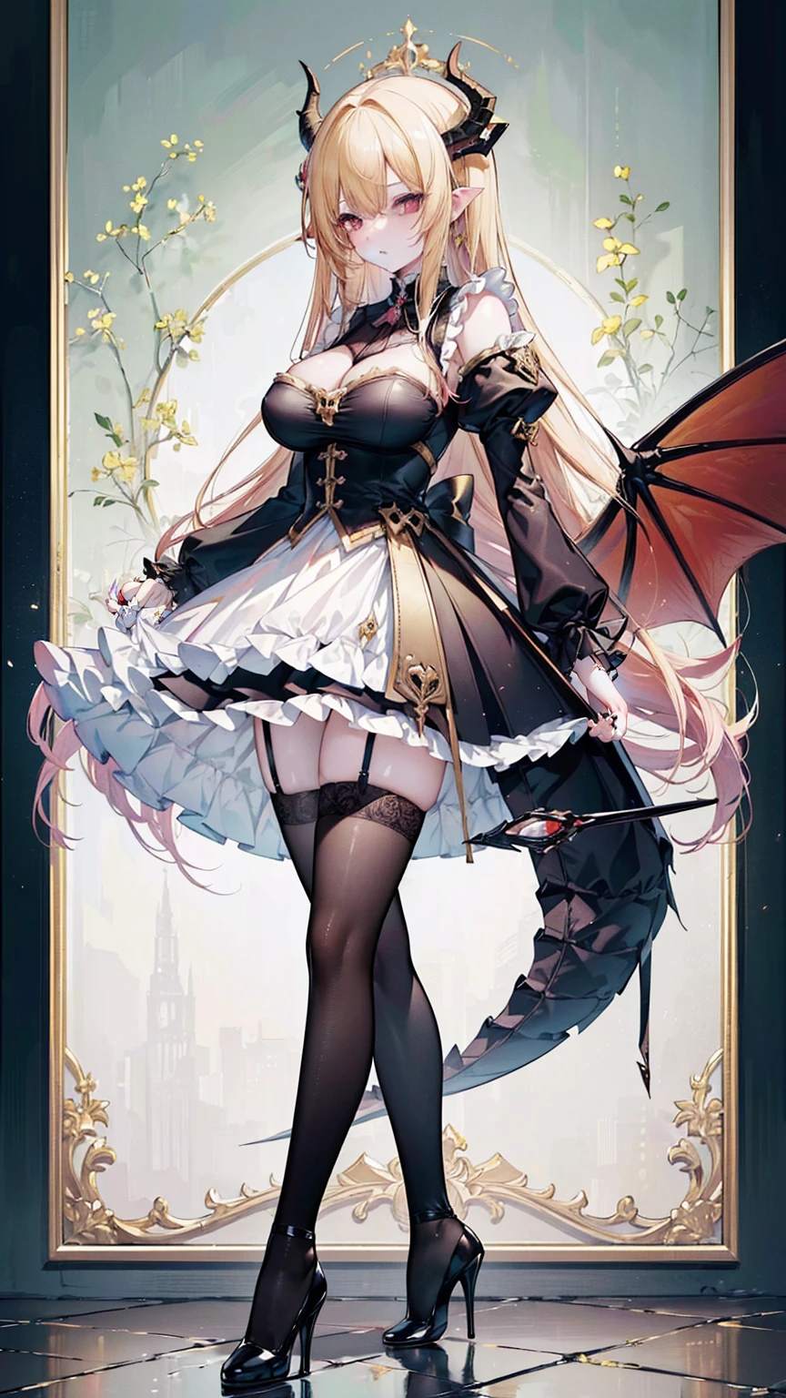 (masterpiece, top quality, best quality, official art, beautiful and aesthetic:1.3), (8k, best quality, masterpiece:1.2),(full body:1.3) (large breasts:1.2), long hair, black thighhighs, high heel, (microskirt:1.1), garter belt, dragon's horn,dragon's wing, golden hair