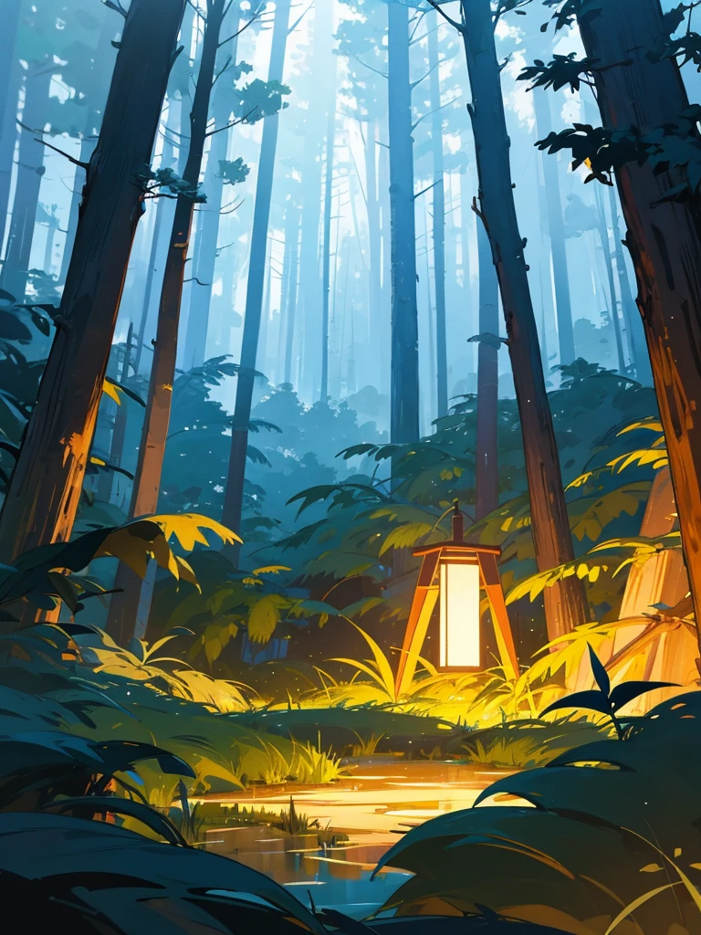 Closed forest environment background at night. Glibli studio style and MIR studio
