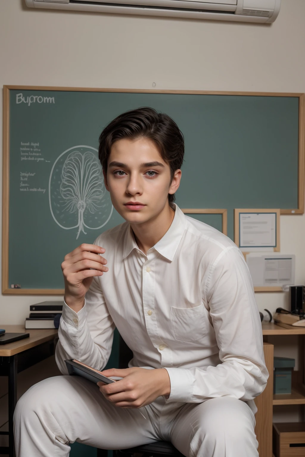 A beautiful young man, male, a cute twink, with black hair and a face with make-up, wearing a long-sleeved white shirt and aqua blue pants, and he is in his office, and behind him is a blackboard on which is written the shape of the brain and its anatomy, and nuclear energy comes out of it, and he has a face with make-up and his eyes. There are dark circles underneath while he is sitting, looking innocent, with a beautiful face with make-up and a neuroscience book in his hand