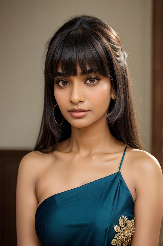 Create an image of an Indian woman, aged 30, wearing a traditional saree. She has bangs/fringes that are cut sideways, starting from the left side of her eyebrow and ending at the right side of her eyebrow. The ends of the bangs/fringes are cut in a straight, square shape. Additionally, the bangs/fringes are sectioned across the length of her ears. 1950s bangs/fringes, side swept, side combed, side swept, side combed