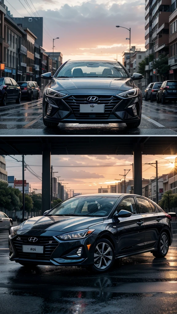 Hyundai elantra model 2024 black color in a city raining on a sunset