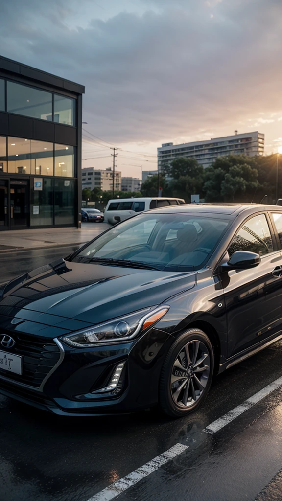 Hyundai elantra model 2024 black color in a city raining on a sunset