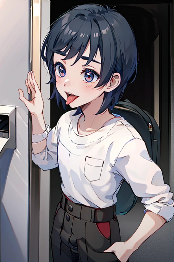 Detailed image, high quality, boy, Elio, cute, elevator, leggings, medium penis, ahegao, tongue out, long tongue, flaccid cock,  