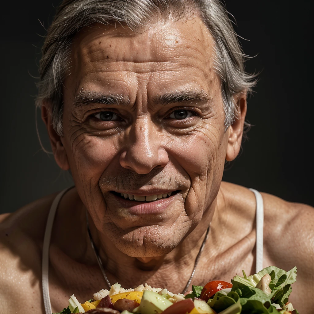 Medium-sized display, Medium shot, Written border depth, Break, Upper Body, angle, masterpiece, angle, (RAW photos, best quality), best quality, Very detailed, CG, 8k wallpaper, Vicissitudes, Older male protagonist,80 years old,Solitary, Smile, Divide salad, Look directly at the audience, front