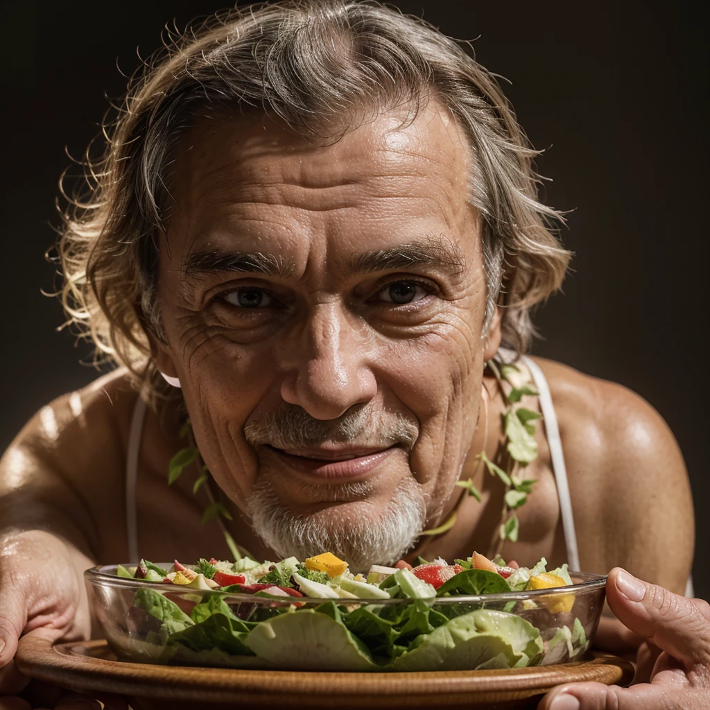 Medium-sized display, Medium shot, Written border depth, Break, Upper Body, angle, masterpiece, angle, (RAW photos, best quality), best quality, Very detailed, CG, 8k wallpaper, Vicissitudes, Older male protagonist,80 years old,Solitary, Smile, Divide salad, Look directly at the audience, front