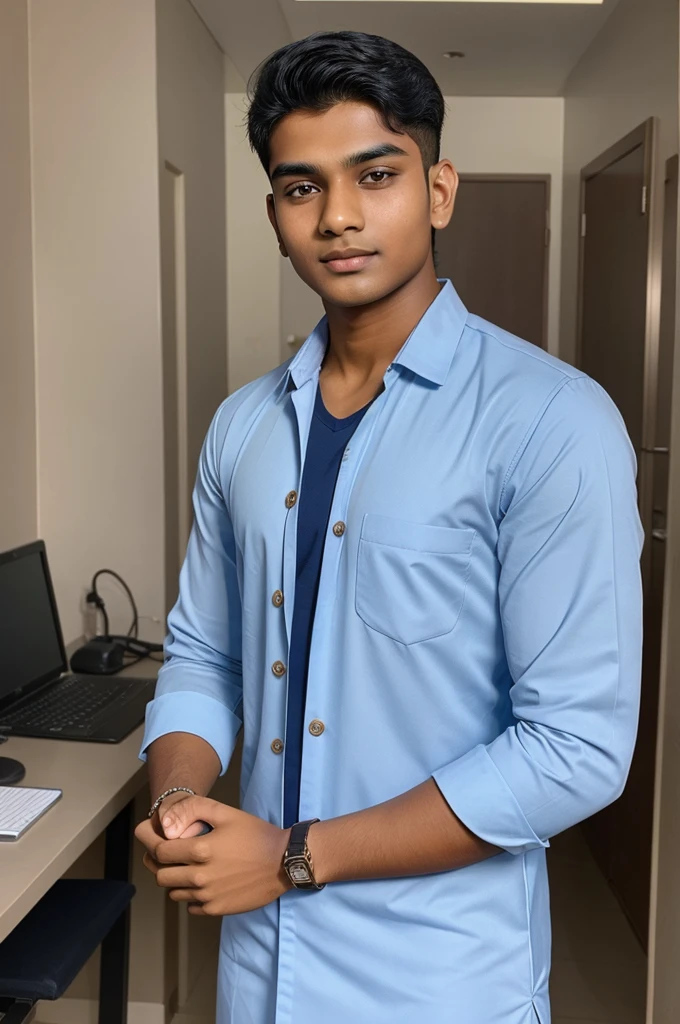 20 year old Indian boy with fair skin wearing practicals and narrow body posing for a LinkedIn picture formal