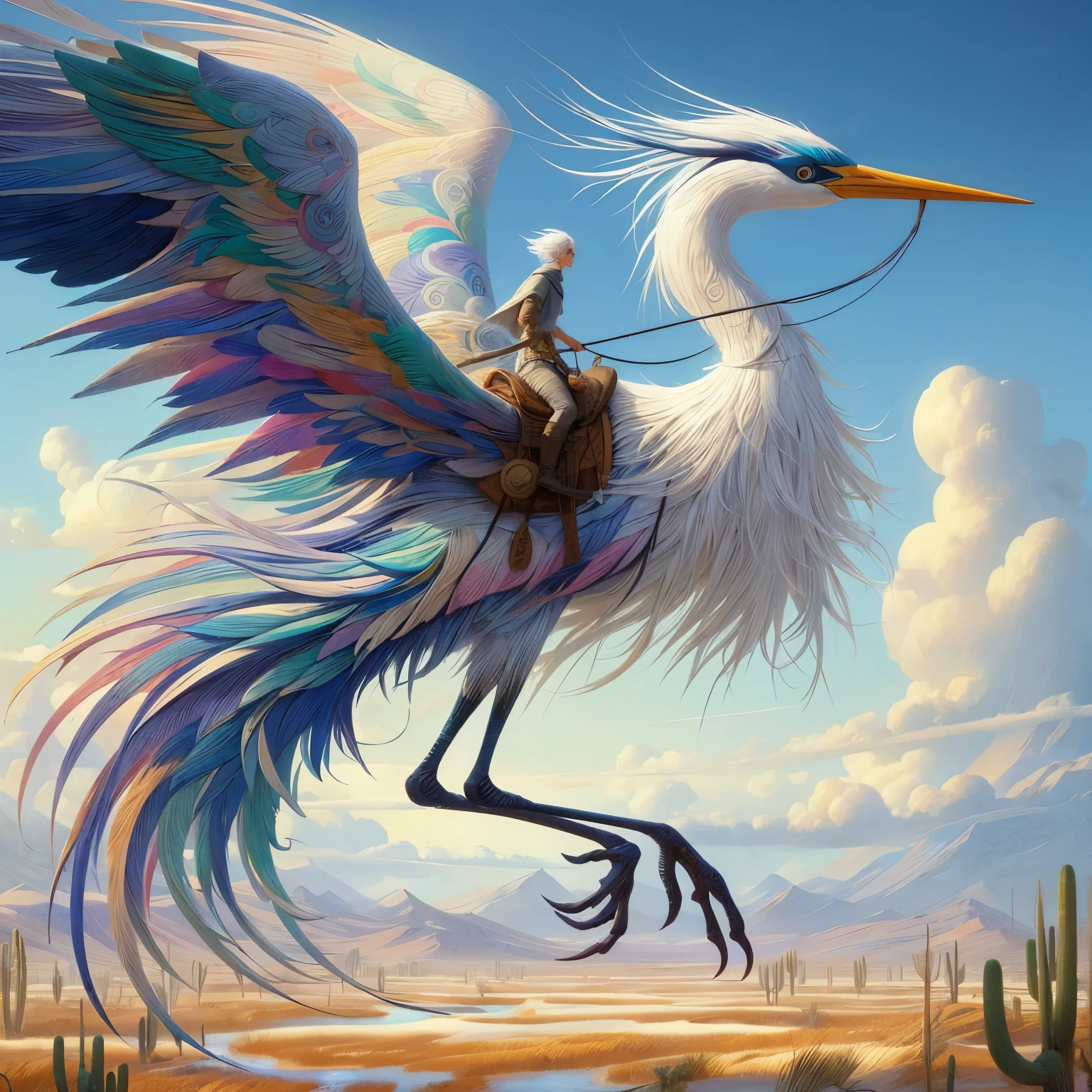 create a main character an 20 foot tall large two legged bird carrying a white haired man in a saddle, two leg bird similar to the great blue heron, a swirled feathered bird with many varied colors some intense some light, an alien species, the bird is saddled, the bird has only two legs, bird only has two legs, in a beautiful flat desert landscape of a 3d video game vista, dynamic pose, riding a giant tall blue heron bird, Jean Giraud, extreme long shot, in splash impressionist art style, the main character wears a long yellow tan trench coat with hood and tinted goggles, endless miles of blowing sand dunes, riders in the far distance, blue skies with billowing white clouds pink tinged, blowing boiling swirling wind, blowing leaves of grass, dark yellow and azure, majestic, sweeping seascapes, photorealistic representation, graceful balance, wimmelbilder, Andrew Wyeth, orange, Leaves of Grass, in the art style of Jean Giraud, flynnrider