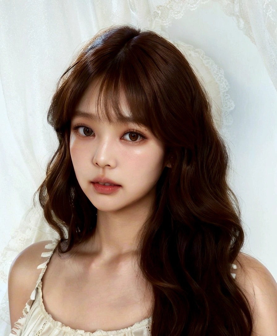 a close-up of a woman with long brown hair and a white blouse, lalisa manobal, curtain bangs, fluffy bangs, brown hair with bangs, with bangs, brown hair and bangs, neat hair with bangs, brown bangs, Xisionwu, bangs and wavy hair, yanjun chengt, asian face, janice sung, brown long hair with bangs