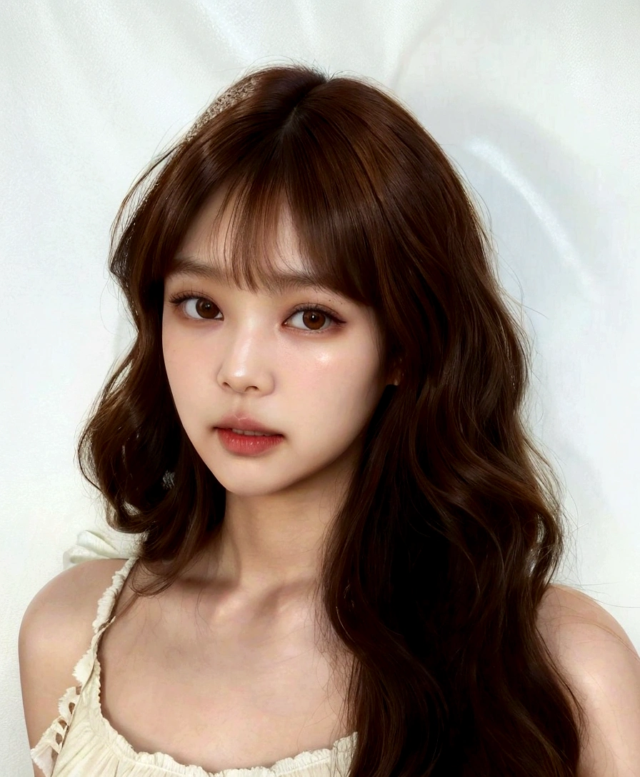 a close-up of a woman with long brown hair and a white blouse, lalisa manobal, curtain bangs, fluffy bangs, brown hair with bangs, with bangs, brown hair and bangs, neat hair with bangs, brown bangs, Xisionwu, bangs and wavy hair, yanjun chengt, asian face, janice sung, brown long hair with bangs