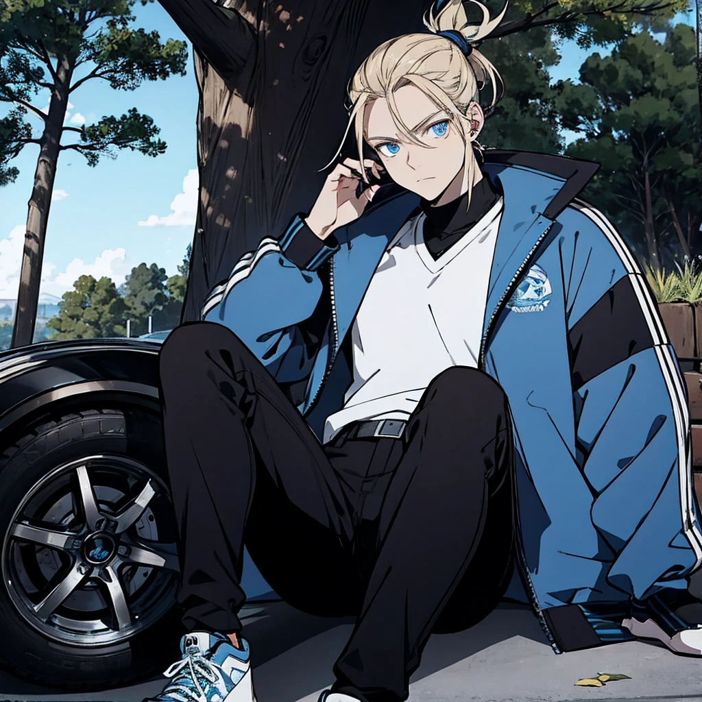 One person, Tall, tannish, male, lean and fit, blonde hair put in manbun, deep blue eyes, wearing blue track jacket, black pants, blue and black high tops, five Pokeballs at waist, relaxing in tree.