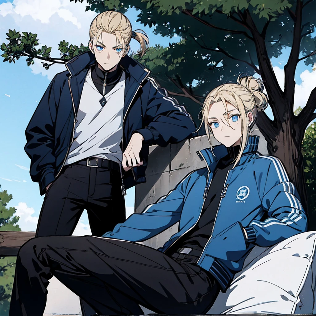 One person, Tall, tannish, male, lean and fit, blonde hair put in manbun, deep blue eyes, wearing blue track jacket, black pants, blue and black high tops, five Pokeballs at waist, relaxing in tree.