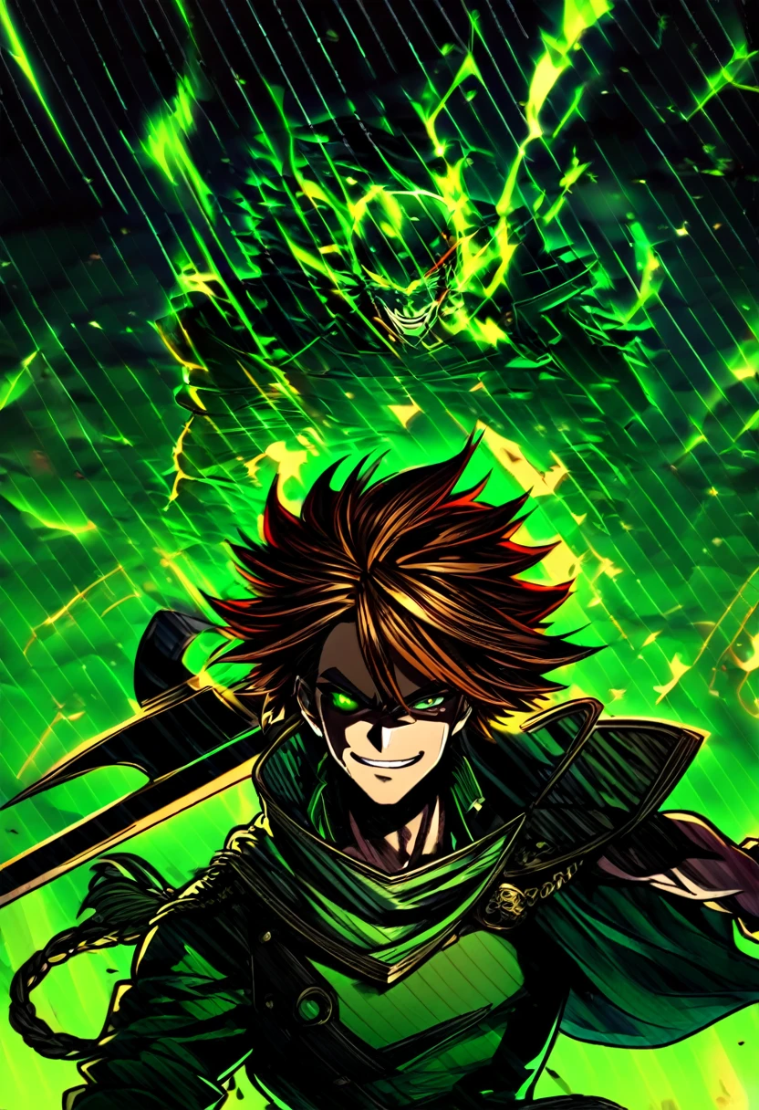 A man, oranged hair, eyes bulging, smiling widely like a pshycopat, green eyes, green colored fire ignited on his left eye, holding greatsword on his shoulder, wearing lion hide cape.