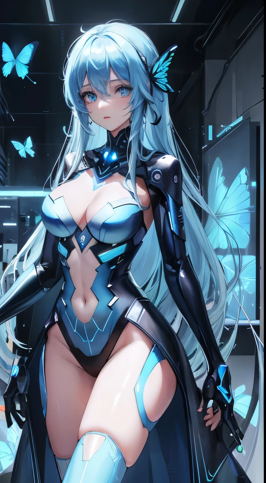 Glowing blue butterfly,emulsion,1 Girl,Blue long hair,masterpiece, best quality,high resolution,Detail Enhancement,Best quality,Perfect image quality,Cool and elegant,Beautiful and gentle,Cyberpunk characters