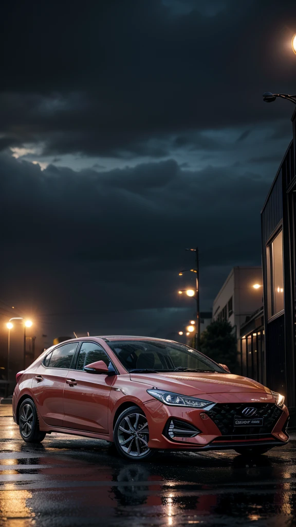 Hyundai elantra 2024 black in a raining city on a sunset
