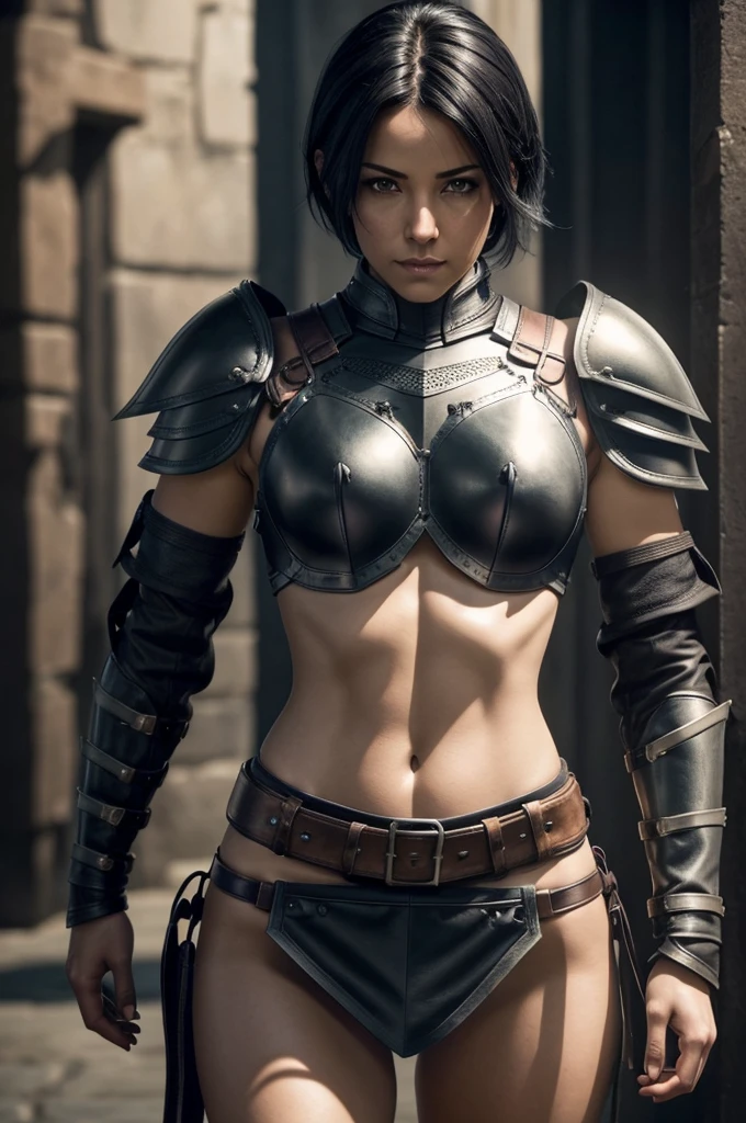A beautiful female rogue, short black hair, Dungeons and Dragons aesthetic, (((skimpy sexy leather armour))), high detail face, high detail skin, 8, HDR, high resolution, photo-realistic, cinematic lighting, depth of field, bokeh, rim lighting, backlit, cool colours, night