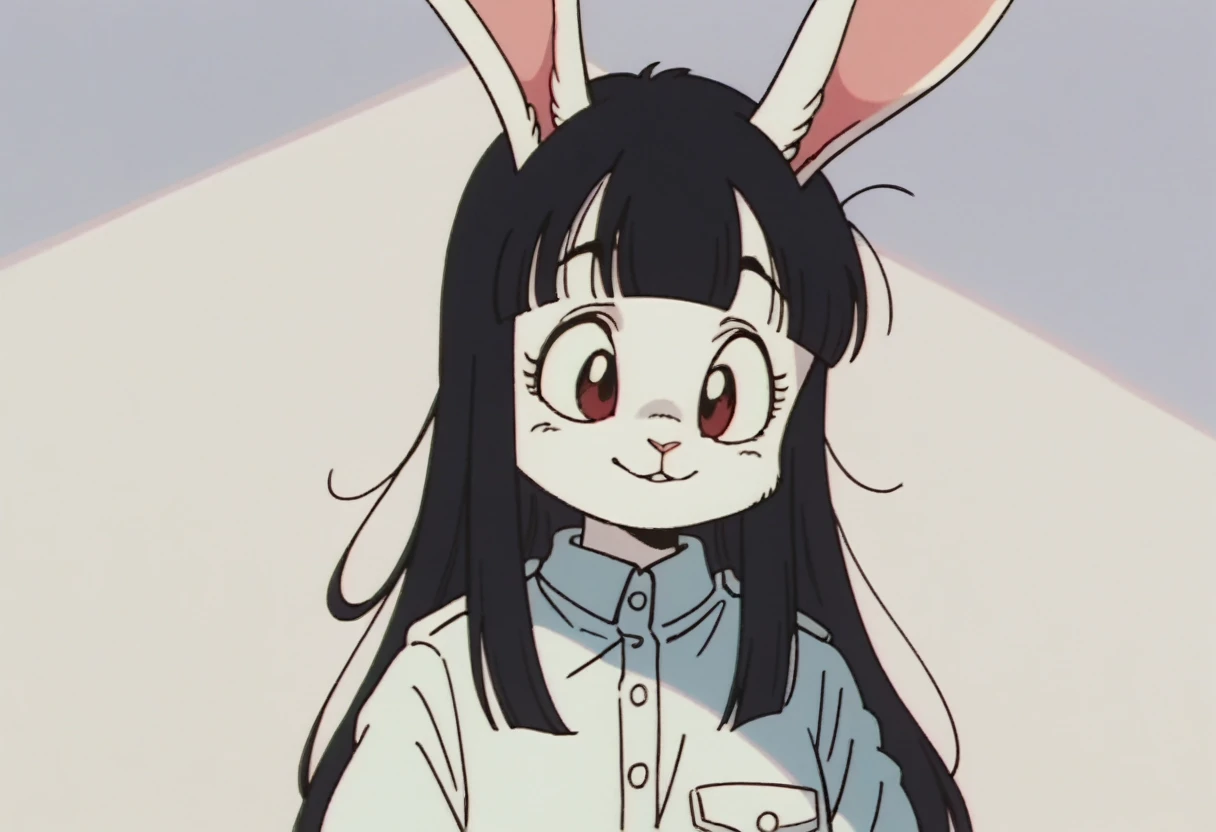 anime screencap,drgbls1, solo,anthro rabbit, female,score_9, score_8_up, score_7_up, score_6_up. shy smile, upper body, uniform, school, white fur, black hair, long hair, blunt bangs
