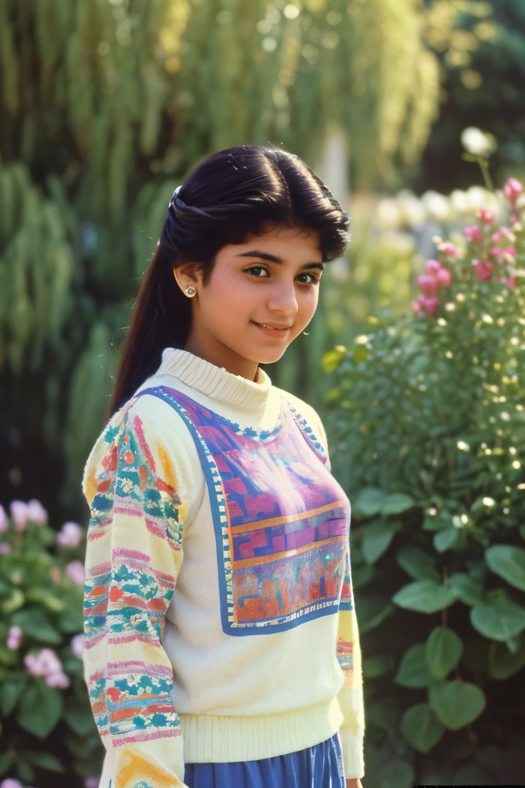 Fremont, California, 1985. A young ((((20-year-old)) Soraya Taheri)), afghan girl, shy smile, looking away, ((((clothings from the 1980s)))), ((hairstyle of the 1980s)), ((colorful, Monet))