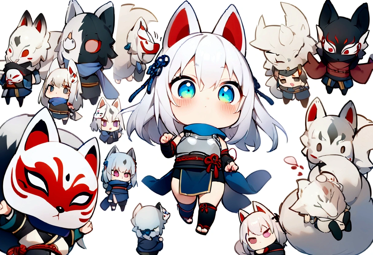 chibi,No sleeve、Bleaching、(masterpiece, best quality:1.2), 1girl, 独奏,Wolf girl, fox mask, ninja, girl, white hair, odd eyes, blue kimono, ninja girl, red and blue scarf,Chibi Character、White background, fantastic atmosphere.White background、、Black fox mask、Fisheye Lens、hair、Bandage on chest、boy、Black fox mask、Blue bondage breastplate