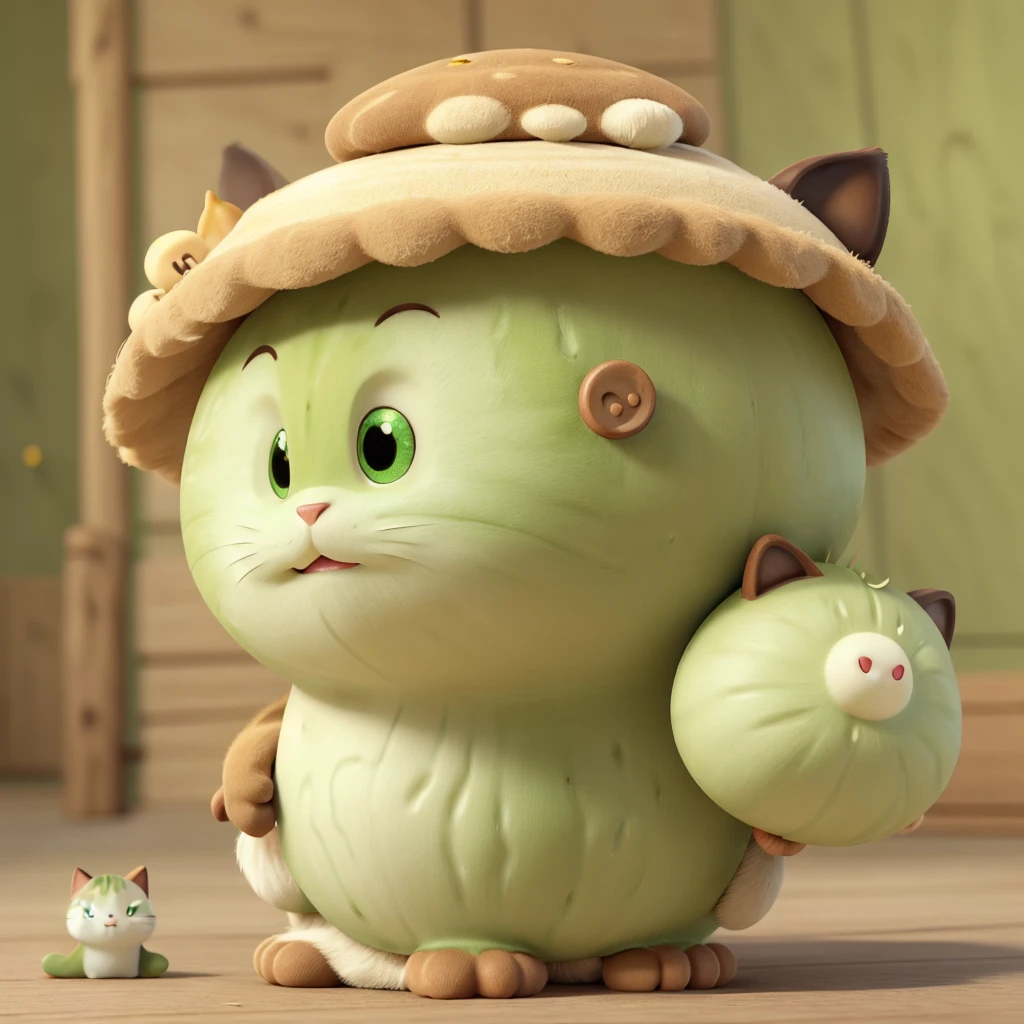 The head of the "milk tea brown cat" looks like it is wearing a button-shaped hat in the shape of a "matcha green poisonous mushroom&quo body is like a poisonous mushroom,The body changes into the shape of a poisonous mushroom,The feet also become cylindrical and long,But without losing the cat’s hair and mobility。
Eyes become round and big,Milk tea brown。
Ear sockets are matcha green。
The tail becomes like a platypus,flat and wide